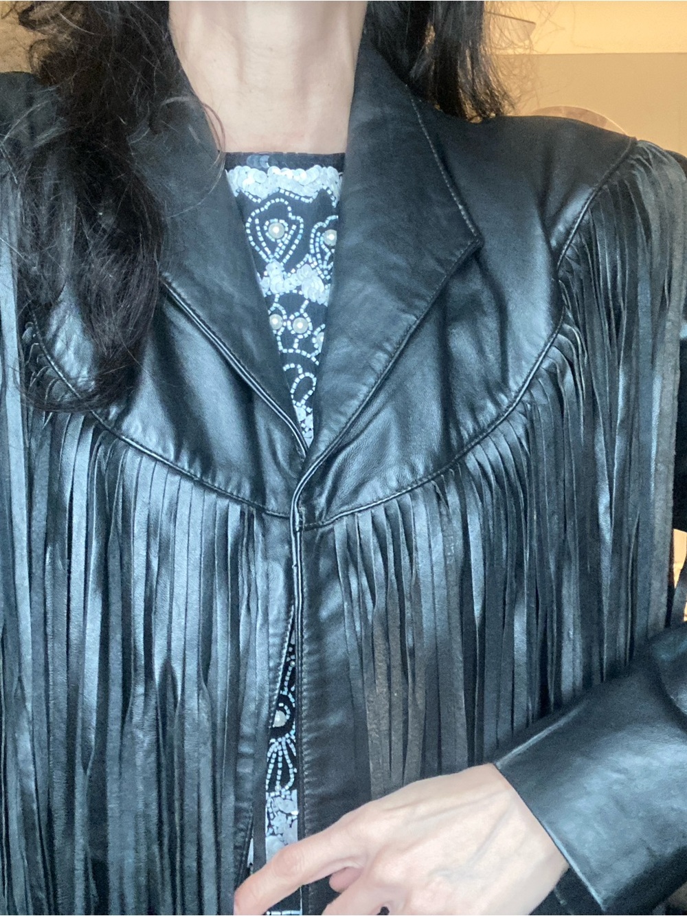 Festival versatile black leather fringed motorcycle jacket cropped 80’s western - Picture 2 of 7